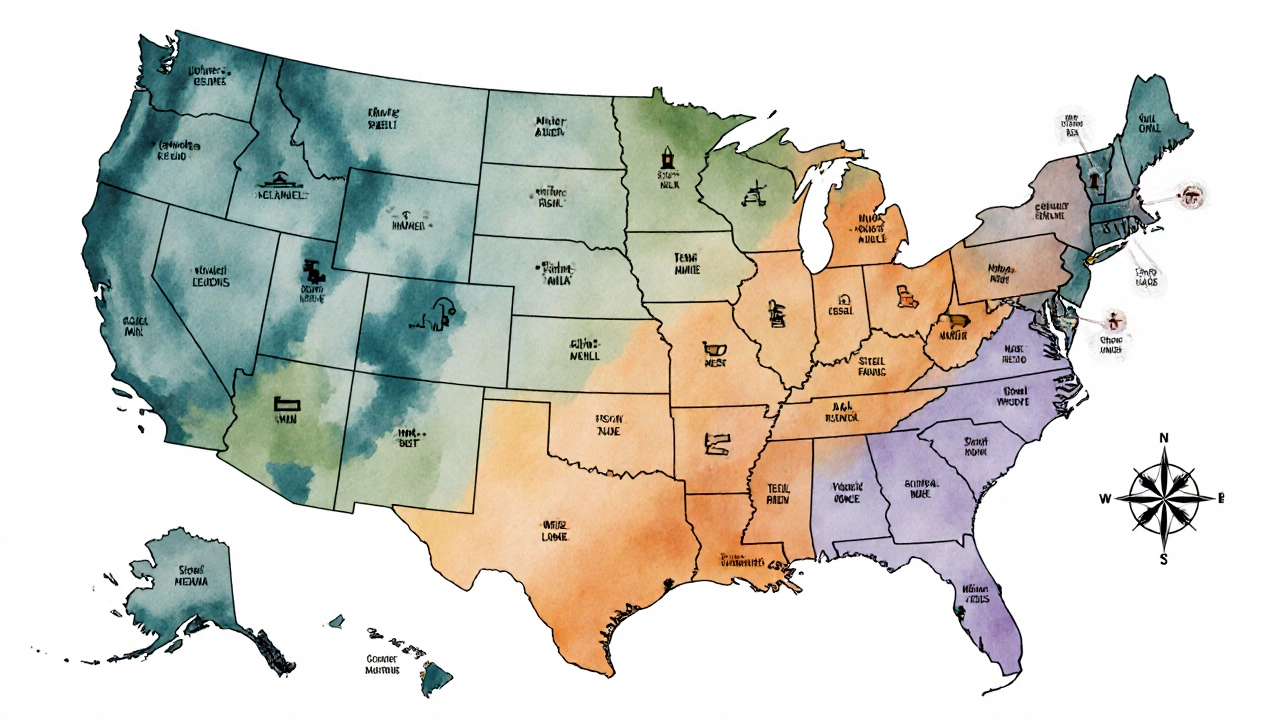 Artistic map of the US highlighting major steel plant regions with factory icons.