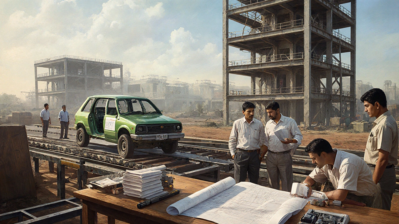 Bidadi plant under construction with engineers and a partially assembled Qualis.