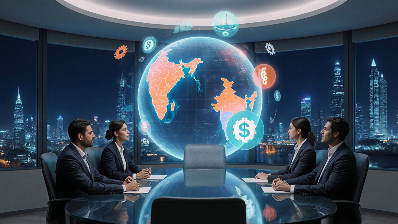 Boardroom scene with holographic Indian states showing data, investors discussing electronics manufacturing choices.