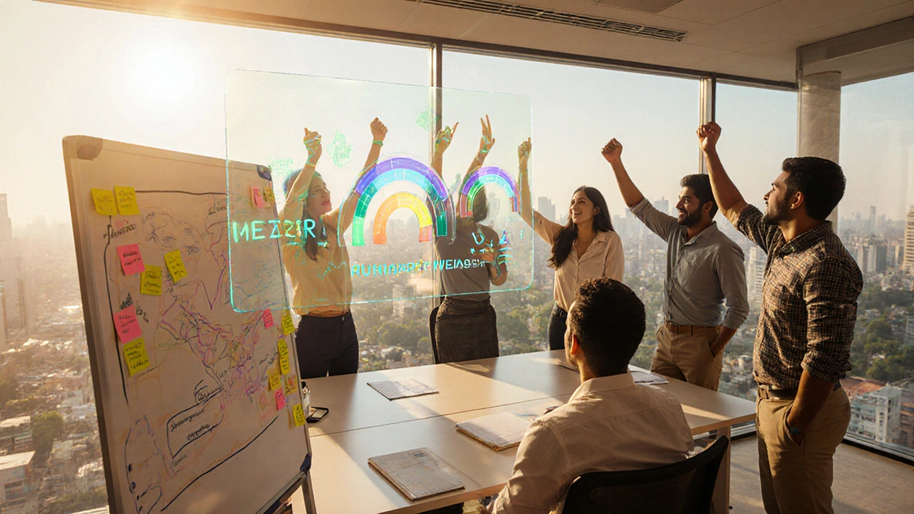 Bright office with diverse team celebrating, whiteboard roadmap, and holographic dashboard.
