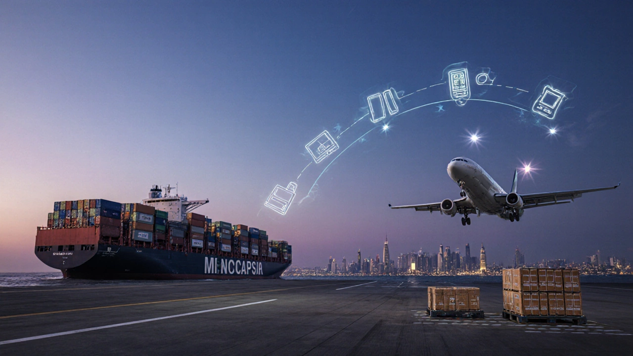 Cargo ship and aircraft transporting electronics from India to the United States.
