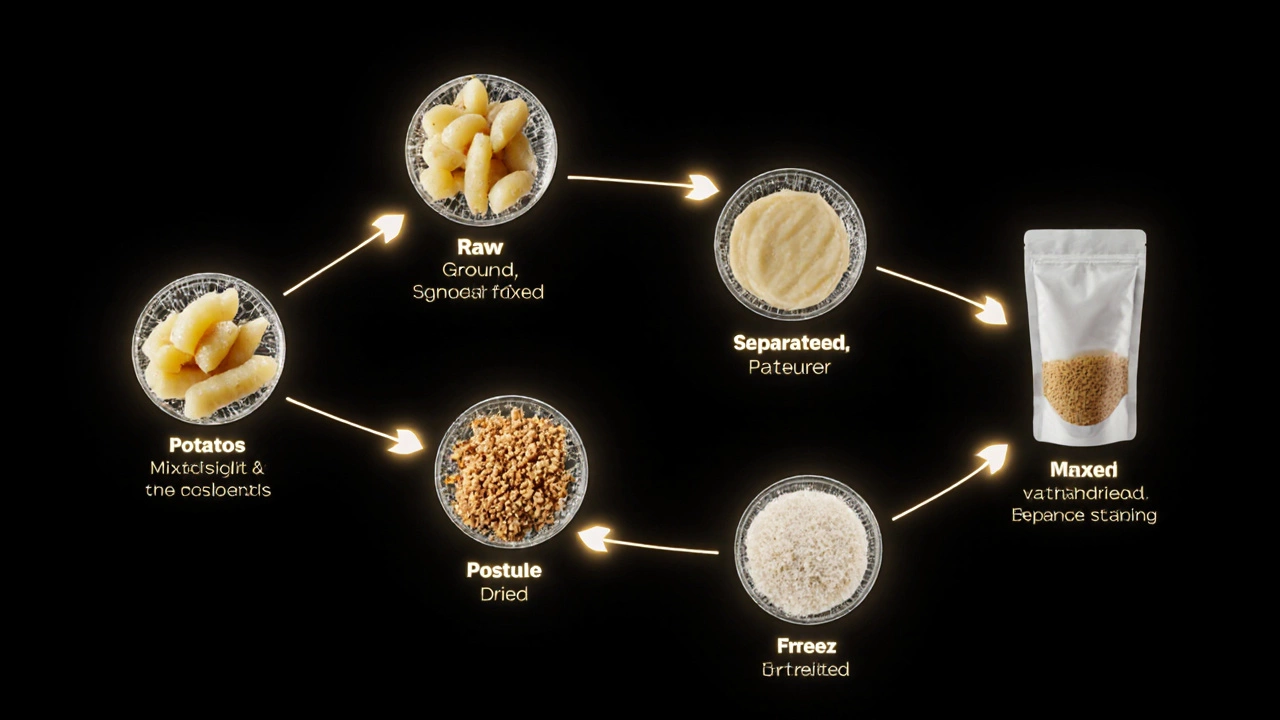 Circular timeline illustrating seven food processing steps from cleaning to vacuum packaging with glowing connectors.