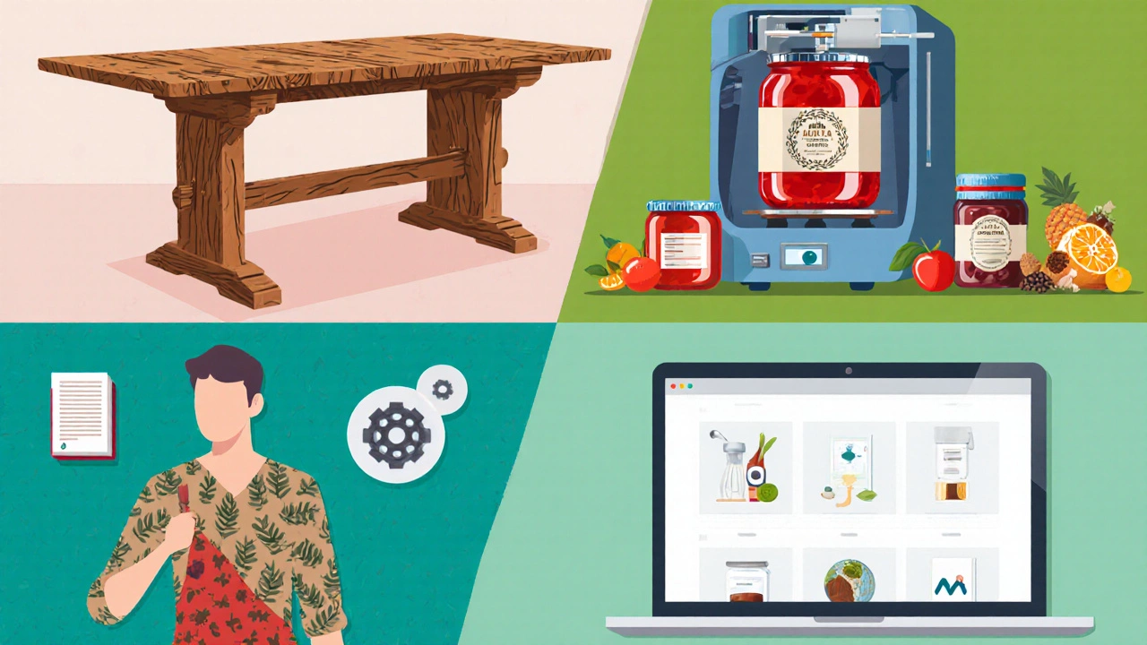 Collage of custom furniture, artisanal jam, 3D printer, sustainable clothing, and digital products.