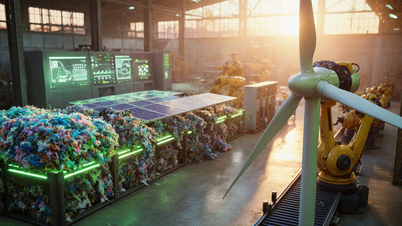 Concept art of a futuristic hub with wind turbine blades, solar panels, recycling, AI, and 3D printing.