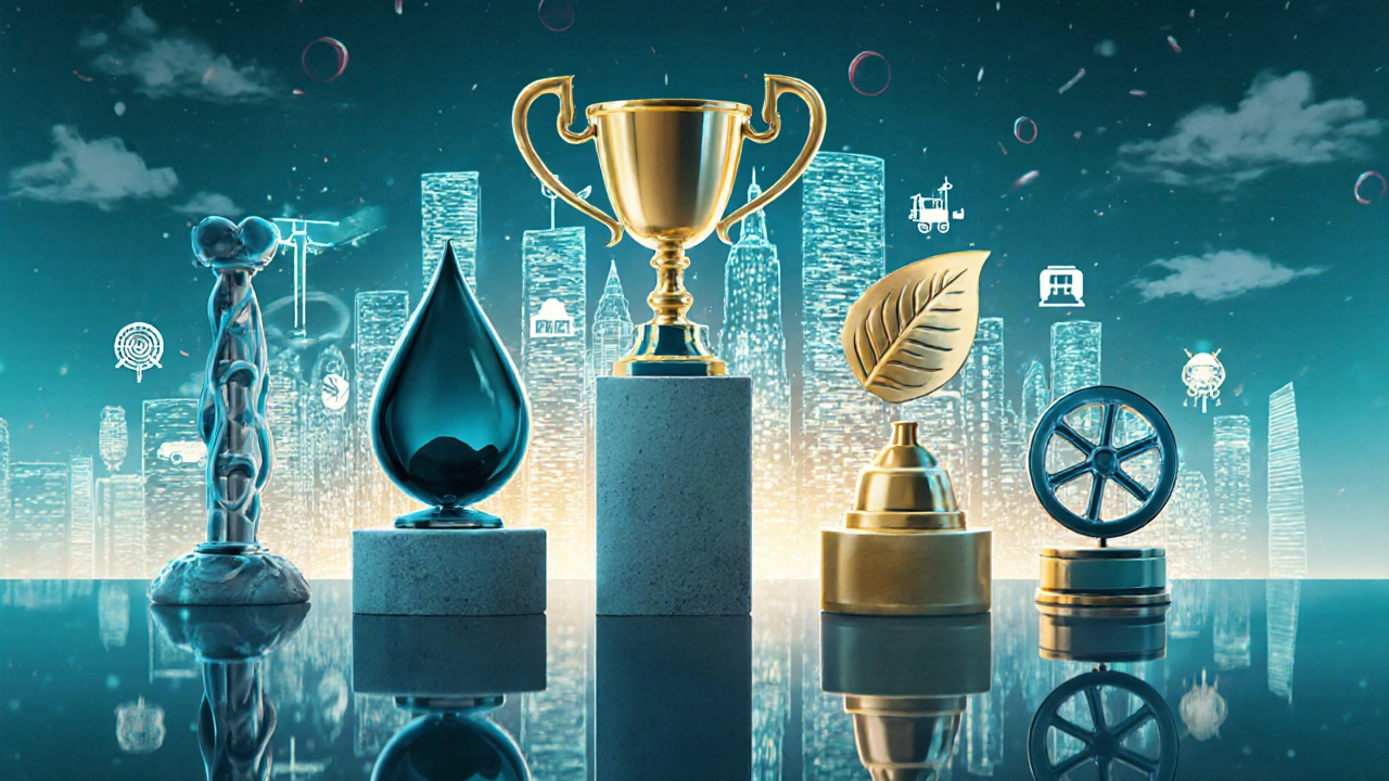 Conceptual scene of five symbolic pillars representing top Indian families supporting a futuristic city.