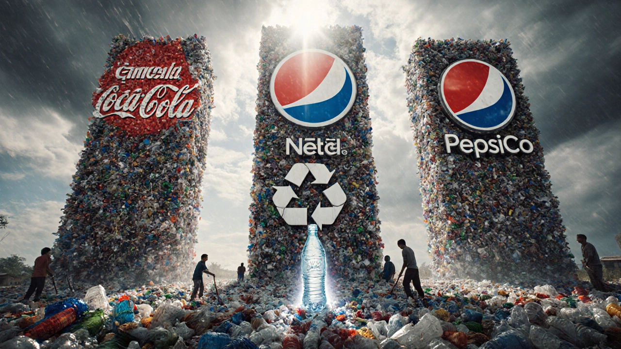 Corporate logos made of plastic waste tower over a village with a single reusable bottle at their base.