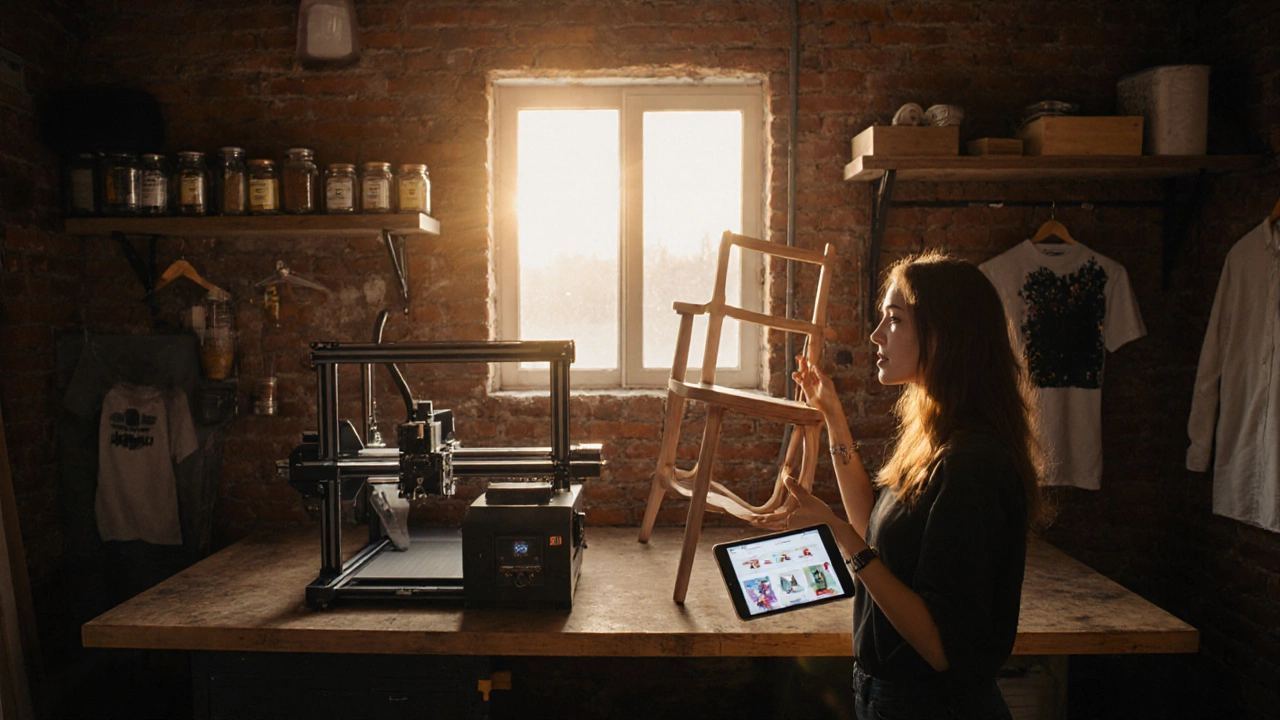 Entrepreneur launching a manufacturing startup in a sunrise‑lit garage workshop.