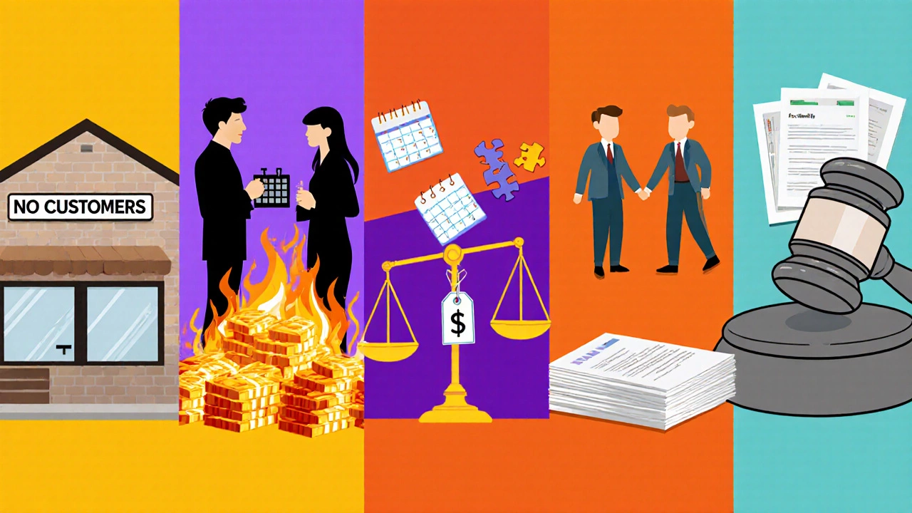 Five illustrated panels showing empty store, burning cash, divided team, tipped scale, and looming gavel.