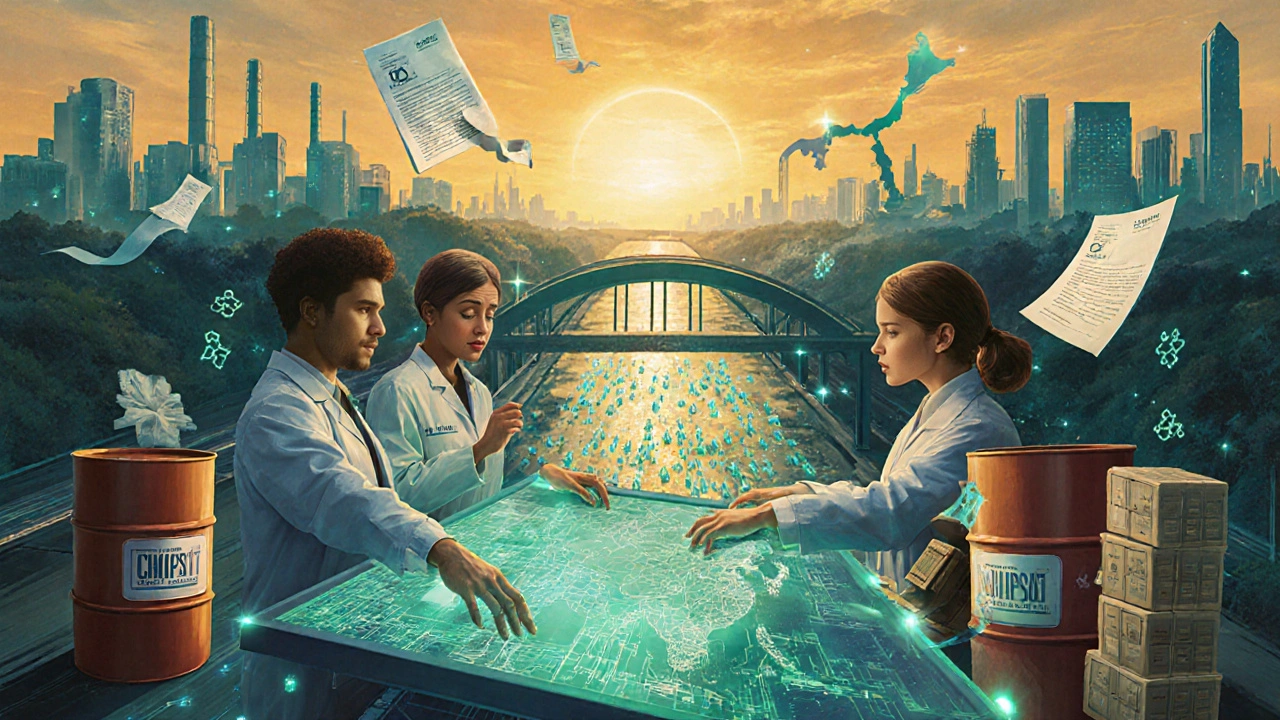 Futuristic campus showing diverse engineers, a bridge to Asian fabs, and supply‑chain elements.