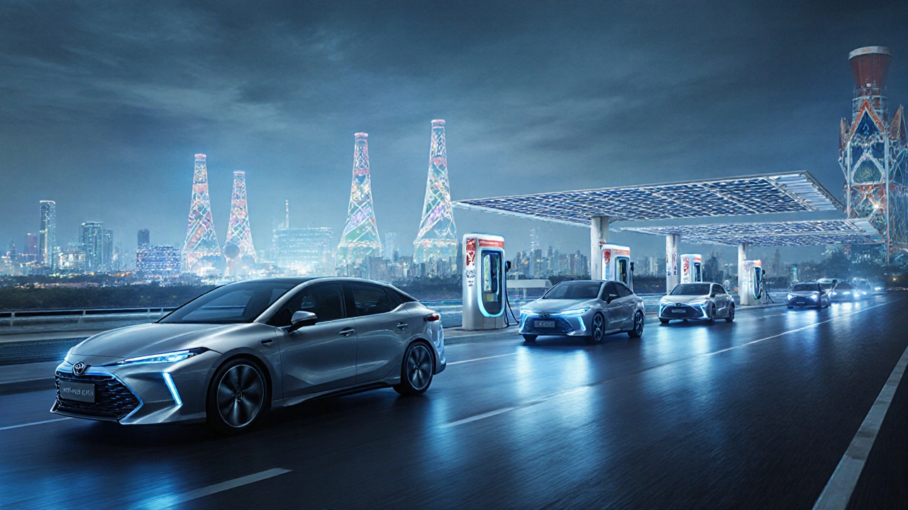 Futuristic electric Toyotas at a solar‑powered battery plant with charging stations.