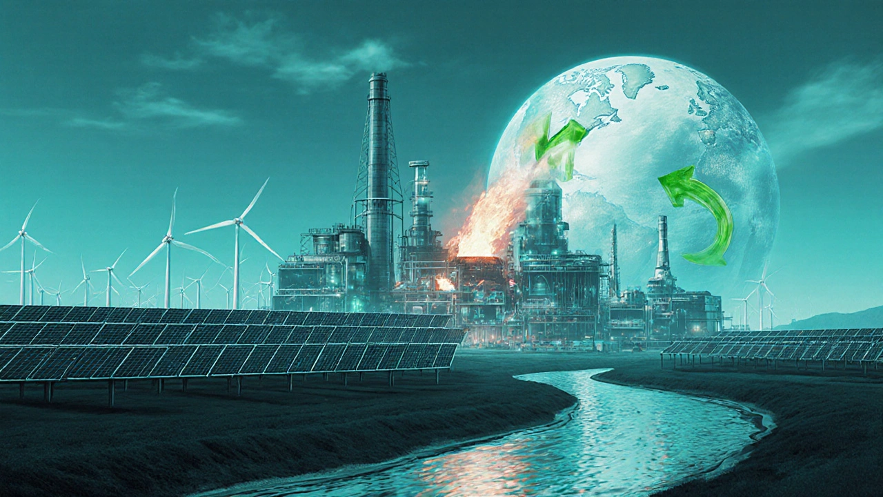 Futuristic green steel plant using hydrogen flames, solar panels and wind turbines.