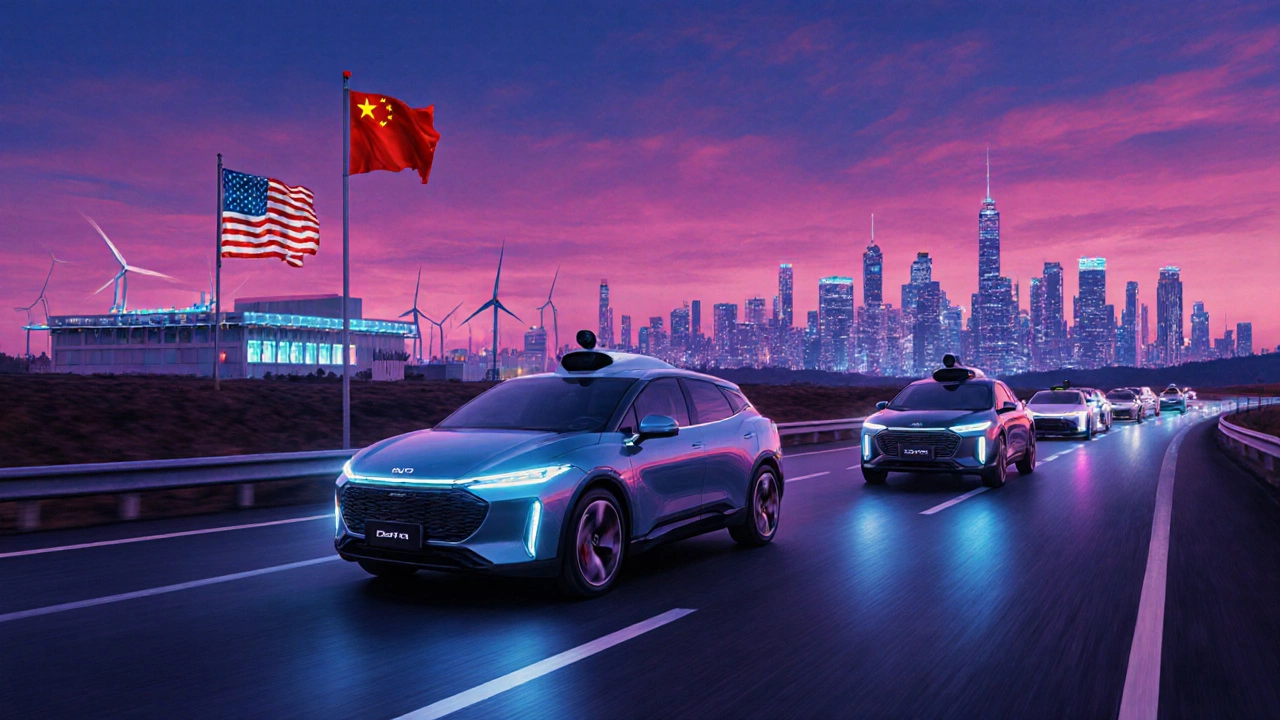 Futuristic highway scene with BYD and Zeekr EVs and a nearby assembly plant.