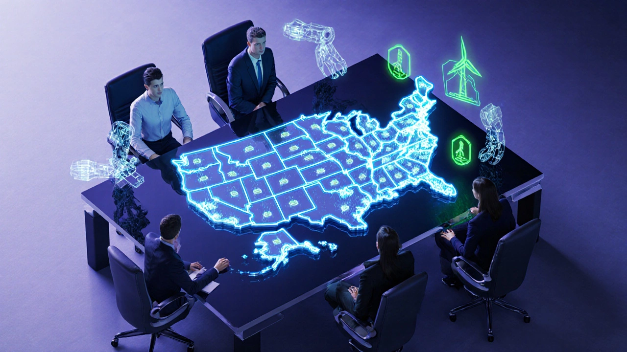 Futuristic holographic map showing manufacturing nodes and robotics.