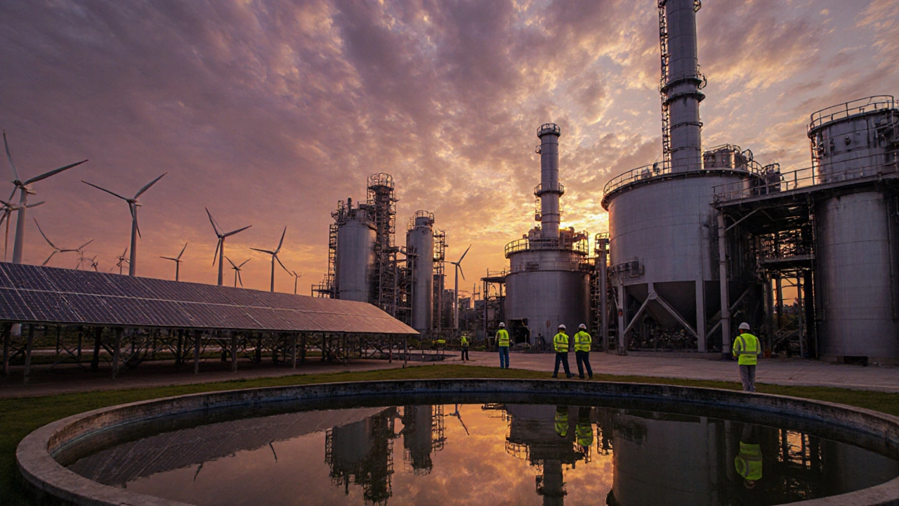 Futuristic Indian chemical plant with solar panels, wind turbines, and eco-friendly facilities.