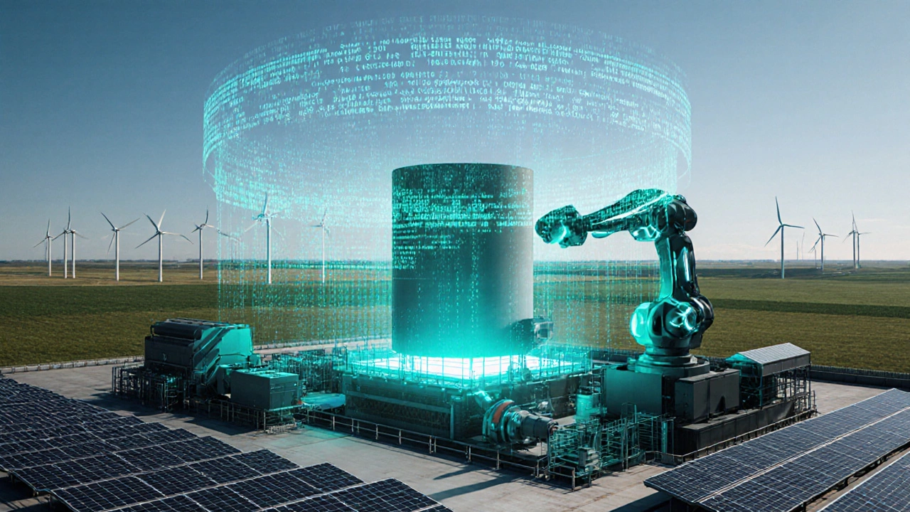 Futuristic low‑carbon steel plant featuring hydrogen furnaces, solar panels, and robots.