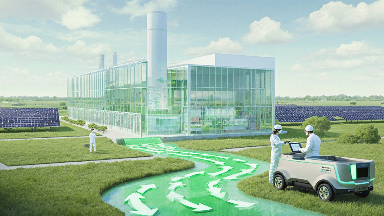 Futuristic sustainable polymer plant surrounded by green fields, solar panels, and recycling loops.