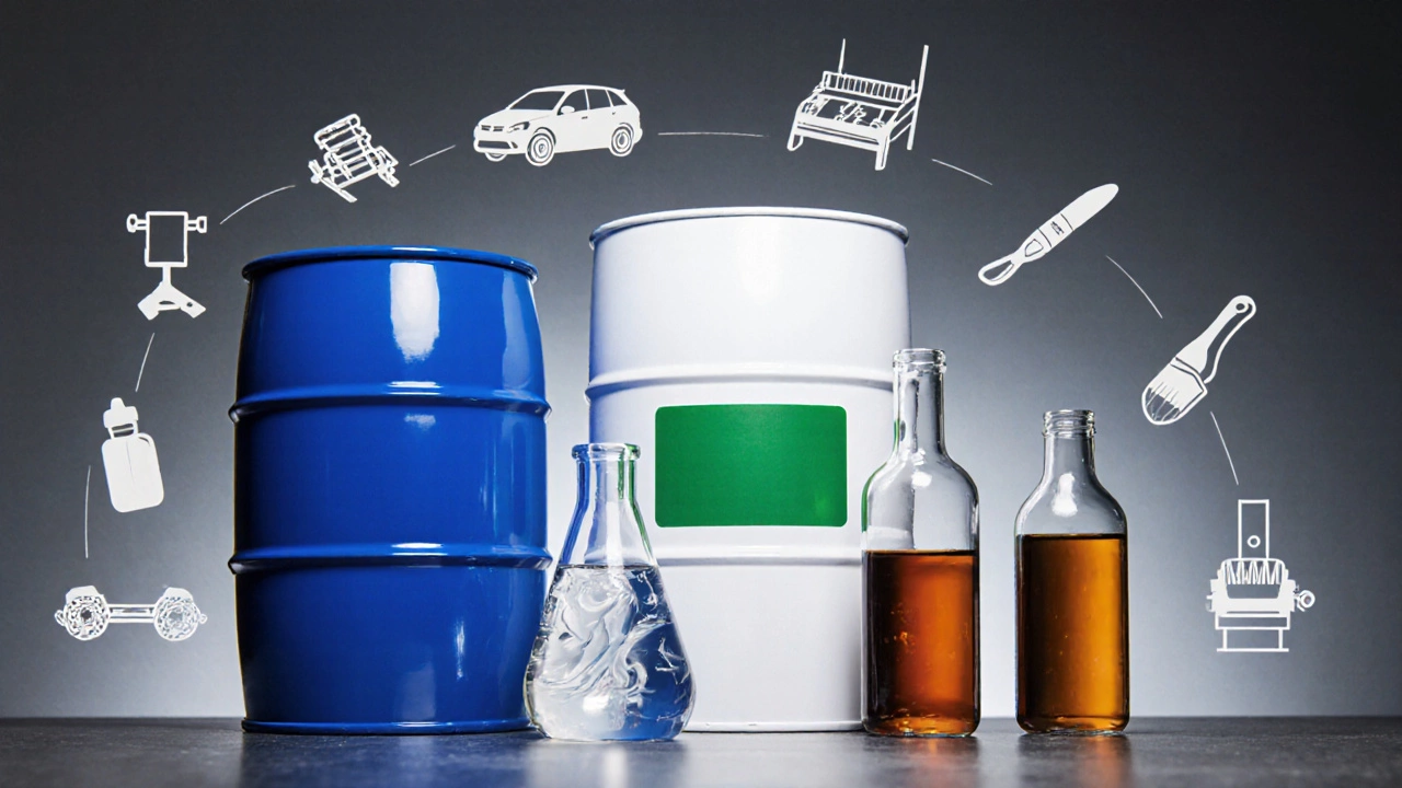 Illustrated arrangement of five chemical containers with symbols of their applications.