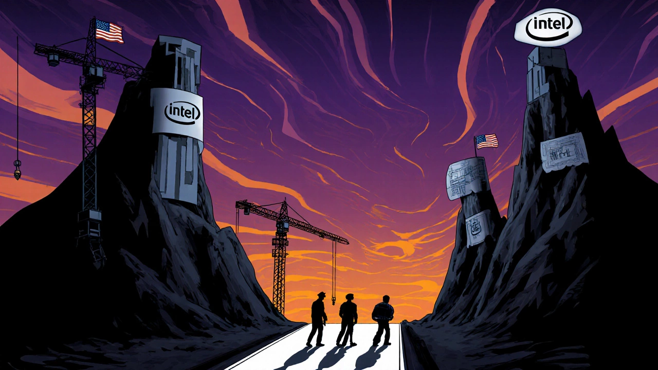Illustration of a narrow pass crowded with US fab silhouettes waiting for EUV machines.