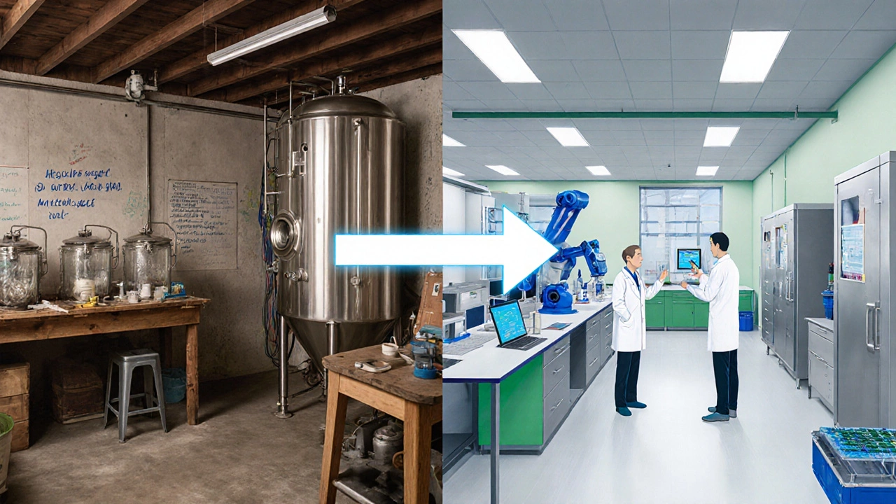 Illustration of Biocon evolving from a garage lab to a high‑tech biotech facility.