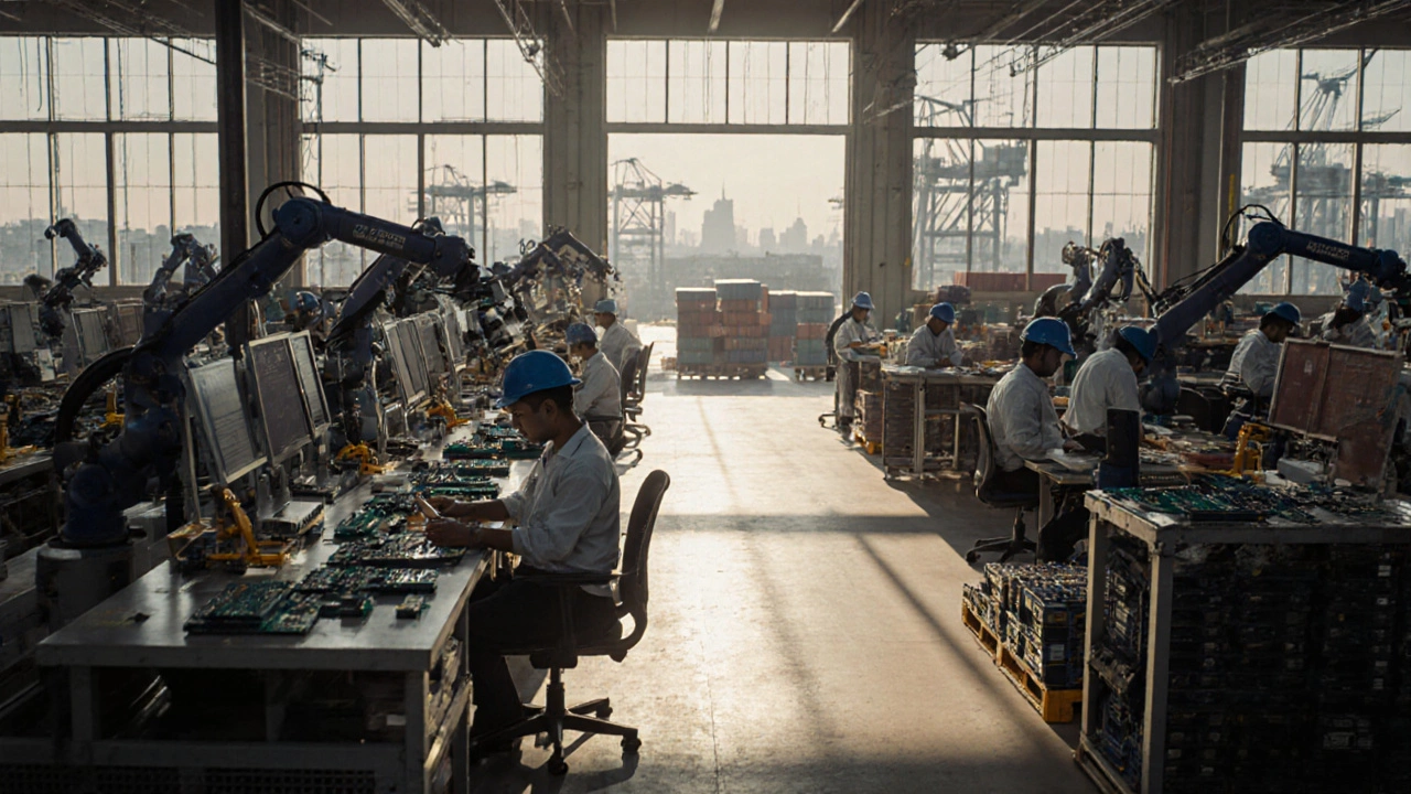 Indian factory floor with workers and robots assembling smartphones.