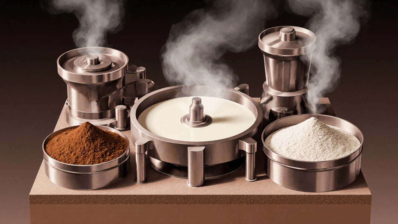 Industrial equipment showing centrifuge, hammer mill, blender, and spray dryer in action with steam and metallic textures.