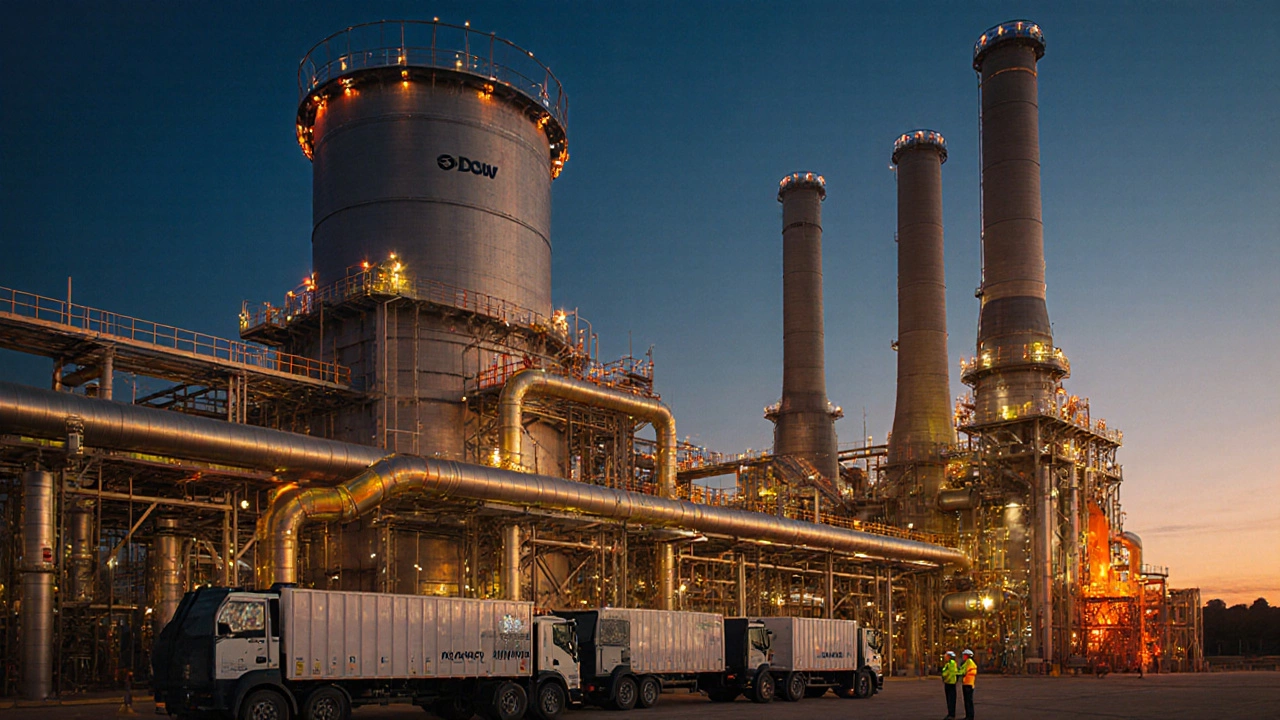 Industrial plant at dusk with reactors, smokestacks, polymer pellets, and engineers in safety gear.