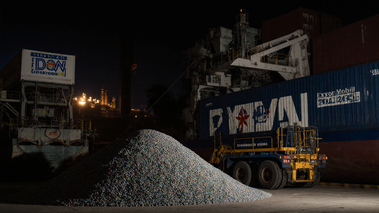 Industrial warehouse filled with plastic pellets bound for overseas export.