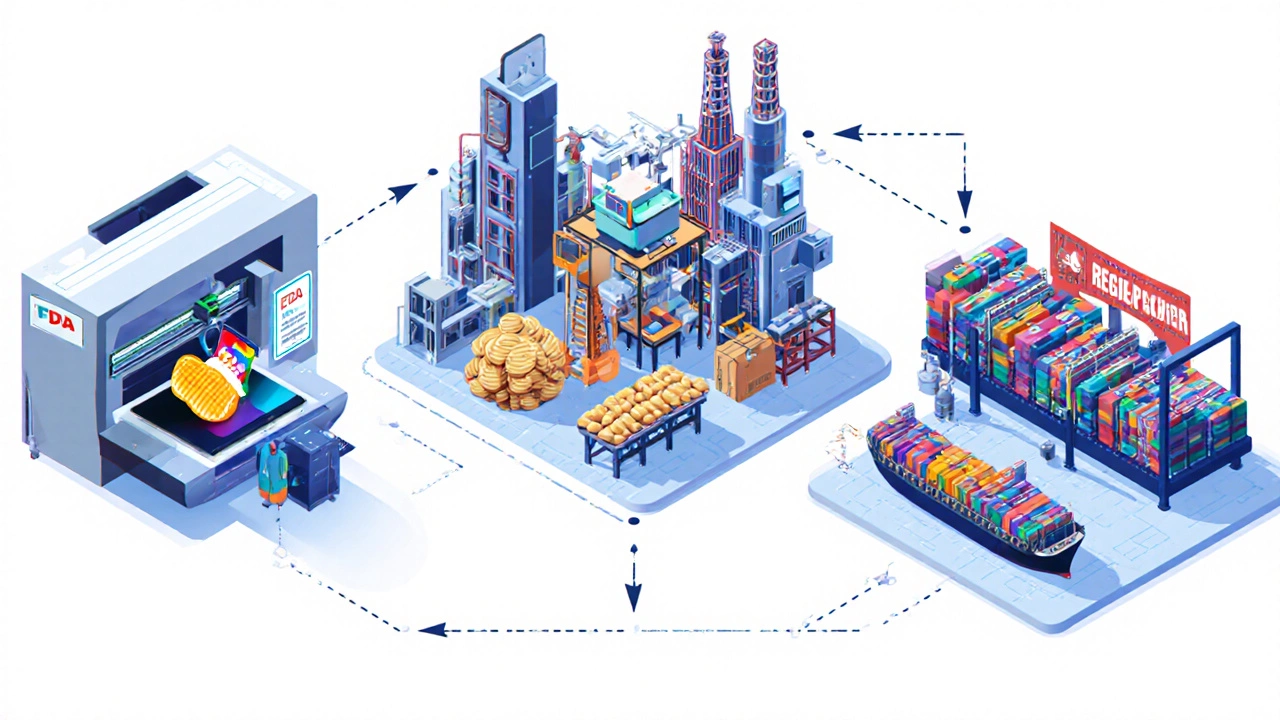 Isometric collage of a garage 3D printer, a potato‑chip factory, and a Bangladeshi textile plant.