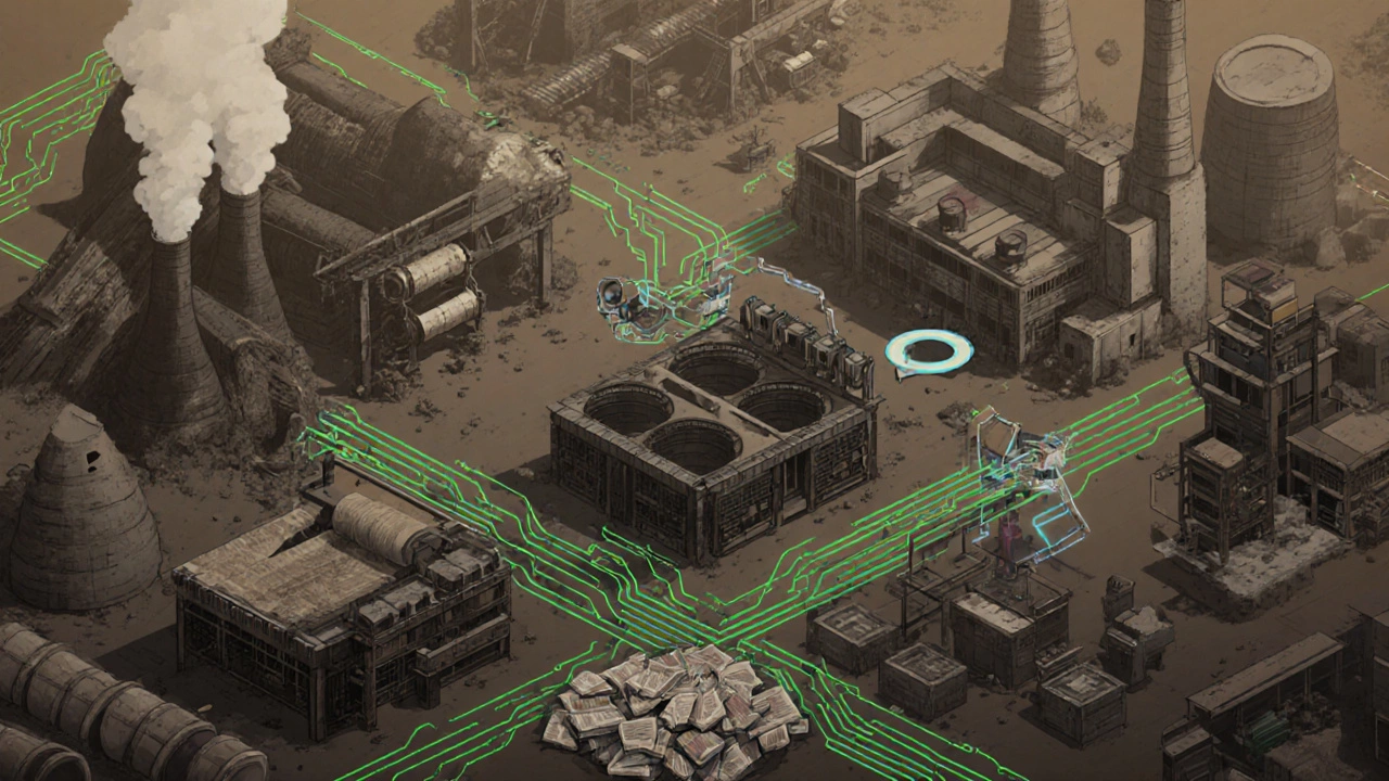 Isometric illustration of fading coal, textile, plastic, print press, and assembly line factories.