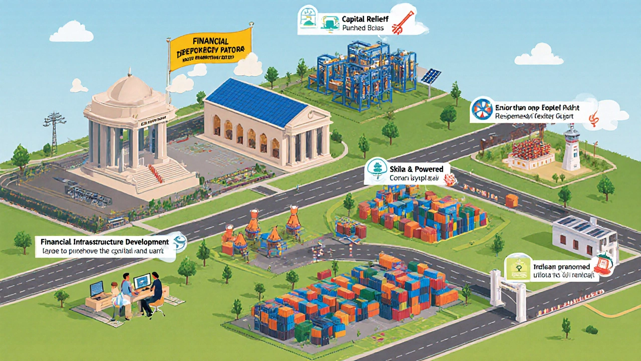 Isometric view of an integrated textile park showing zones for looms, finance, infrastructure, training, and exports.