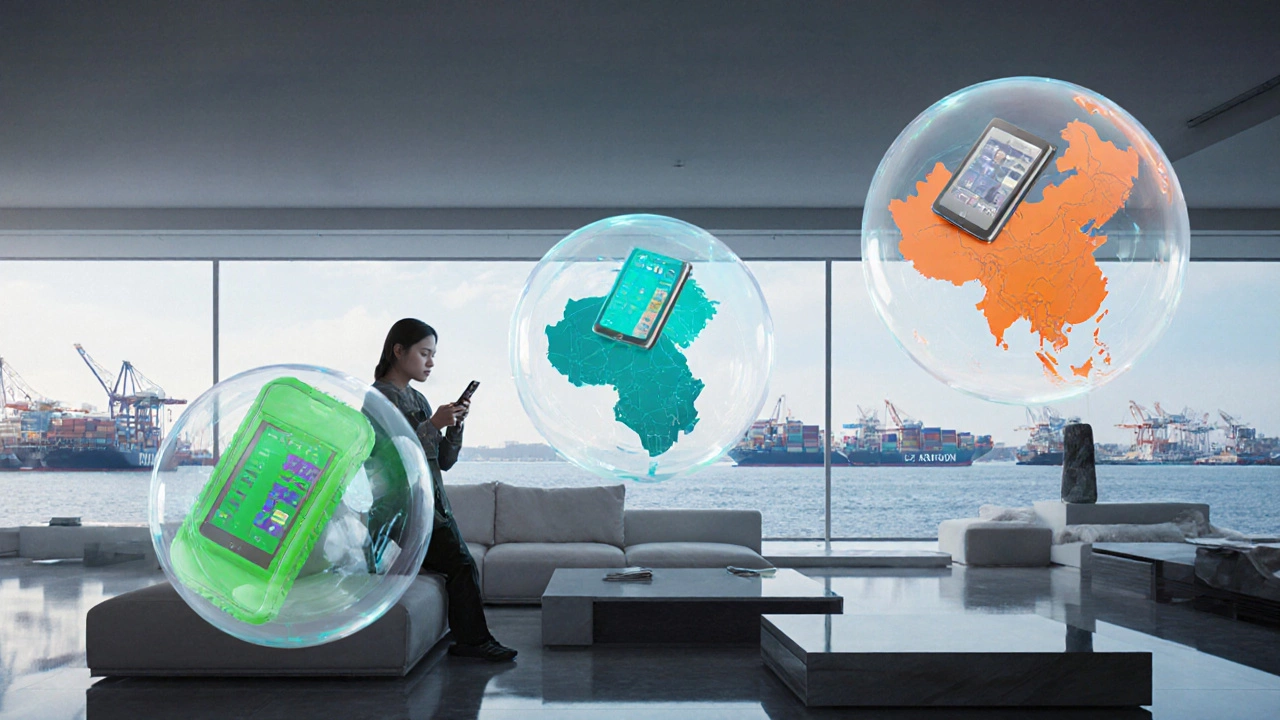 Living room scene with holographic device models showing price comparison.