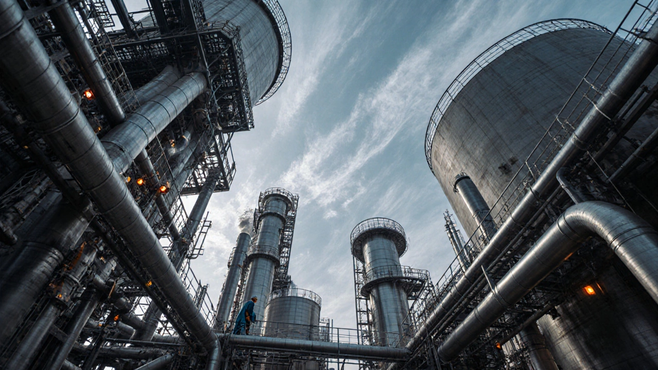 Low-angle view of Dahej chemical plant with pipelines, towers, and workers in safety gear.