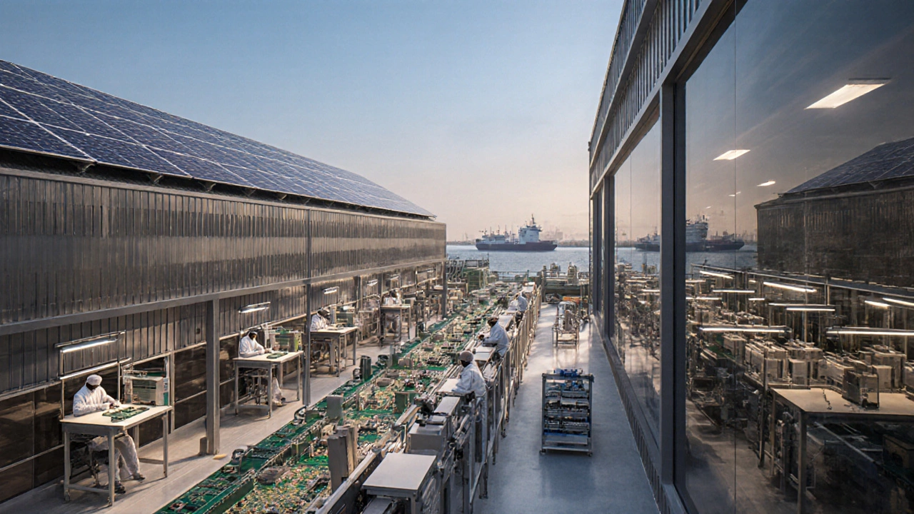 Modern electronics factory in Gujarat with solar panels, technicians assembling PCBs, and a port visible in the distance.