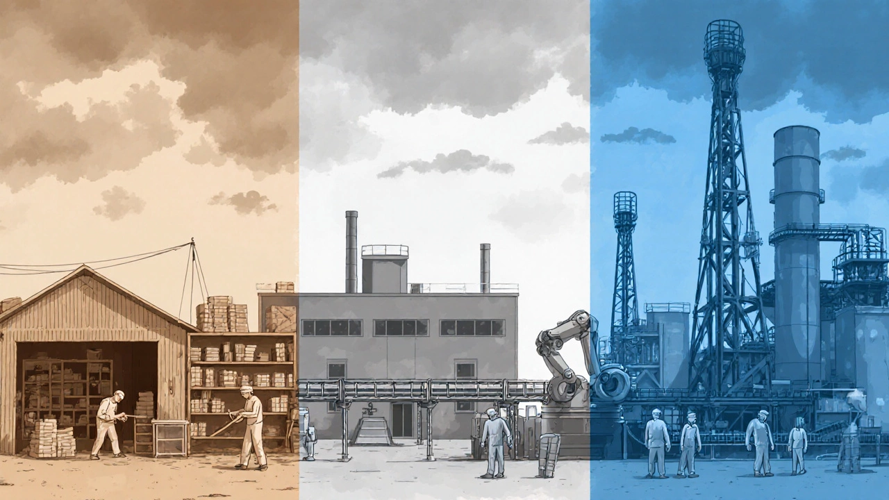 Side‑by‑side view of small workshop, medium plant, and large automated factory.