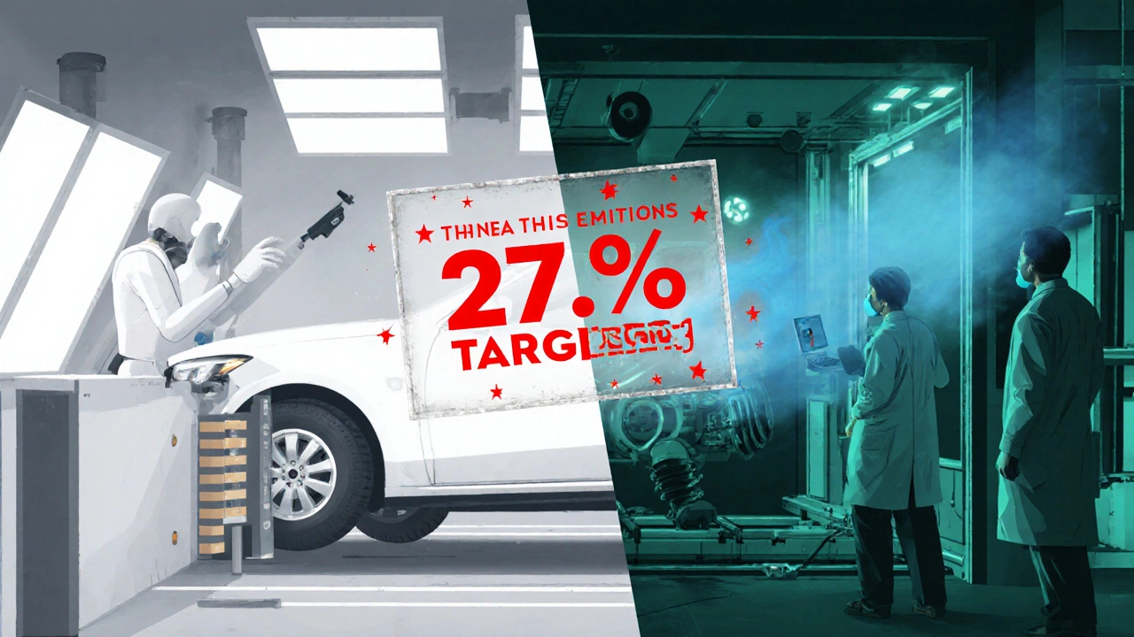 Split view of crash test and emissions lab with a tariff overlay.