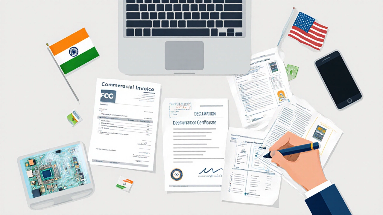 Stack of export documents—including invoice, FCC and RoHS papers—on a desk with flags.