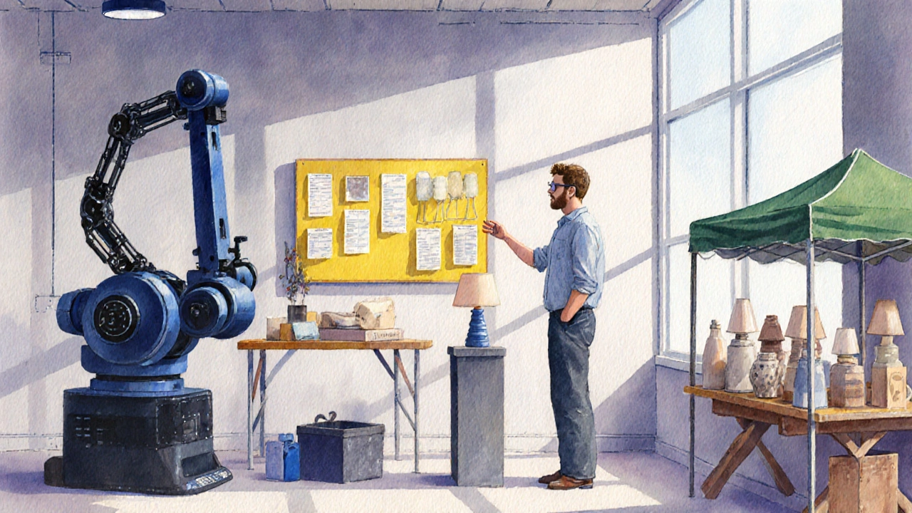 Studio mixing hand‑craft and modular robot stations with owner reviewing kanban board.