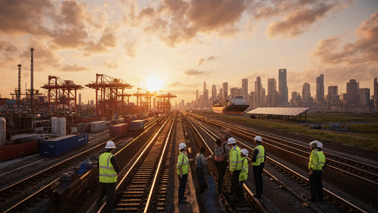 Texas industrial hub at sunrise with factories, port, and workers.