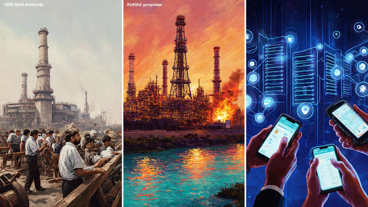 Three-panel digital art showing Ambani growth: textile mill, petrochemical plant, and Jio 5G network.