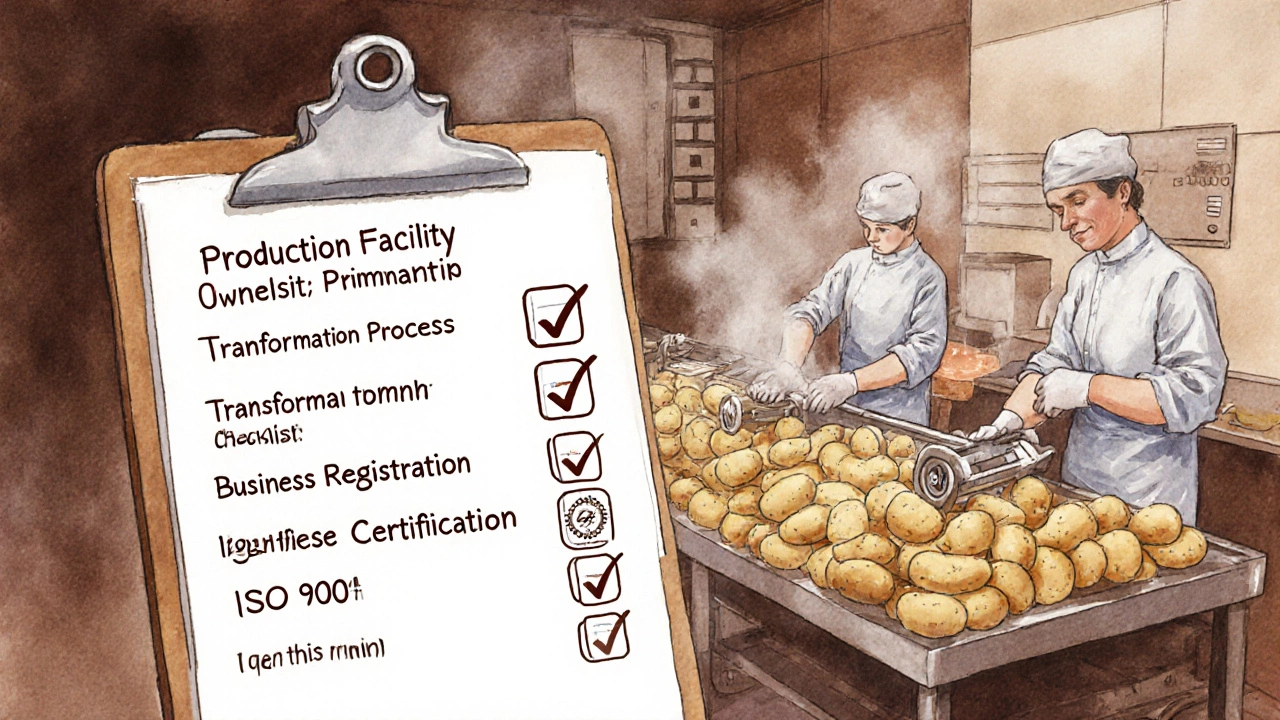 Watercolor checklist on clipboard in a food processing plant with workers operating machines.