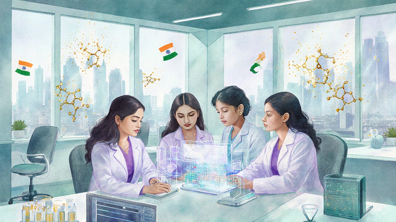 Watercolor scene of young Indian women scientists using holographic AI tools in a futuristic lab.