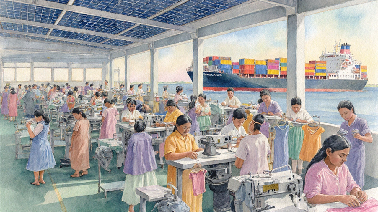Workers in a garment factory load export containers onto a ship under a sunny sky.
