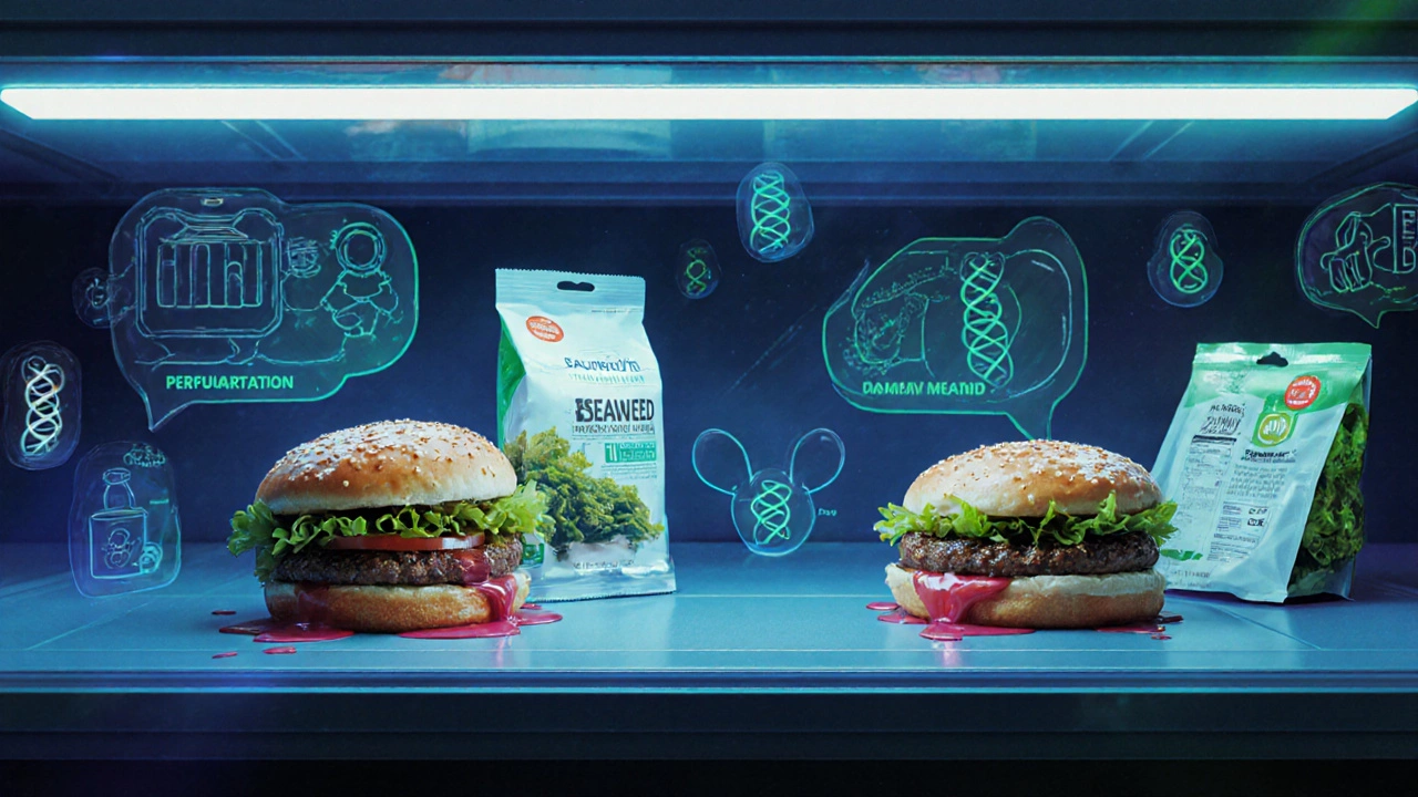Futuristic grocery shelf with plant-based burgers, edible packaging, and personalized nutrition packs
