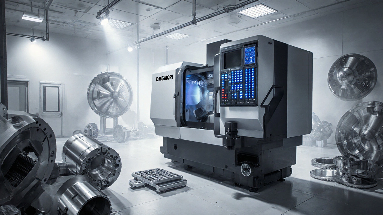 German precision CNC machine in cleanroom with glowing indicators and aerospace components, highlighting micron-level accuracy.
