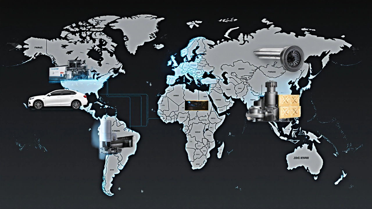 Global machinery supply chain: Japanese robot, Chinese CNC, Indian press, and U.S. 3D printer connected by data streams.