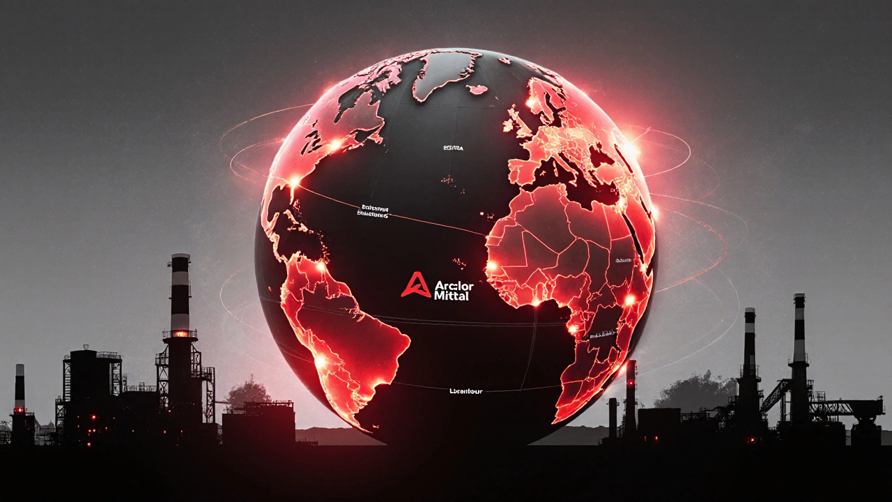 Globe with glowing nodes showing ArcelorMittal&#039;s global steel facilities and supply chains.