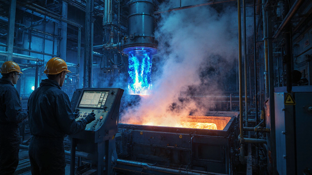 Hydrogen-powered steel reactor glowing blue and orange inside ArcelorMittal&#039;s Hamburg plant.