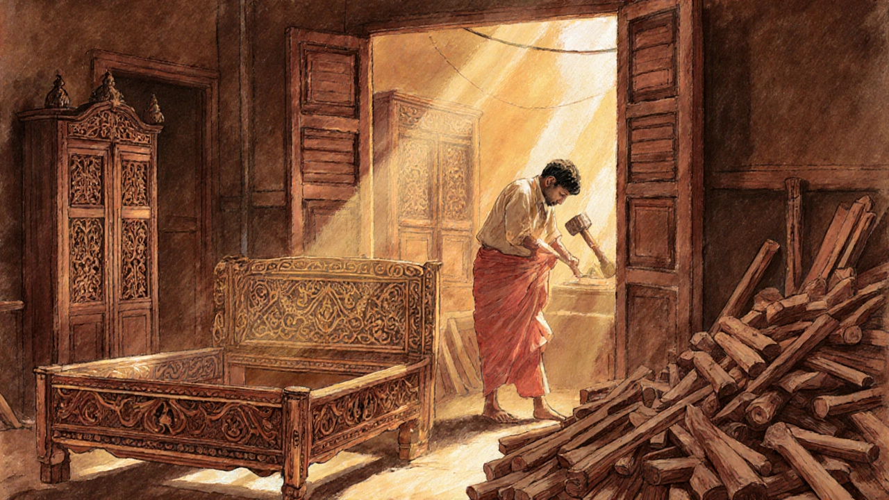 Indian artisans hand-carving detailed wooden furniture in a sunlit workshop.