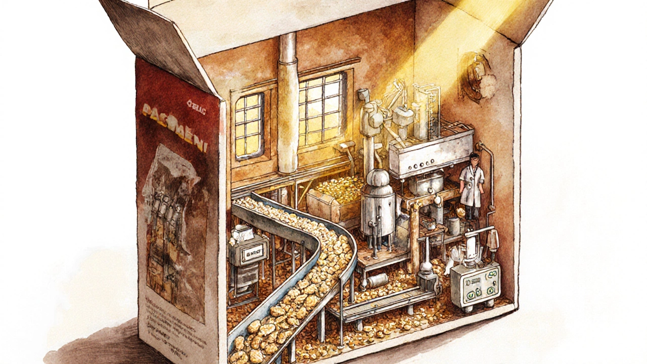 Inside a cereal factory with conveyor belts and scientists monitoring food processing