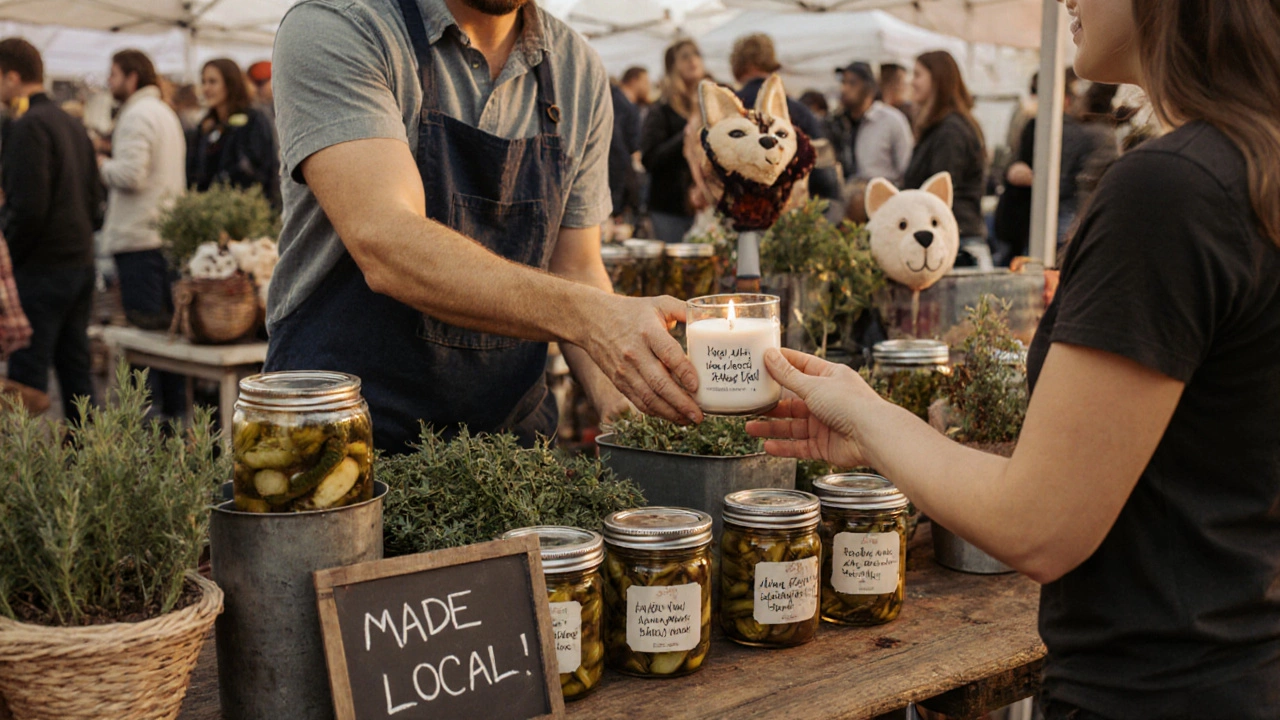 Local market stall with soy candles, pickled vegetables, and metal planters being sold to a customer.